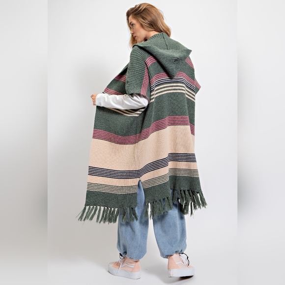 Easel Knit Sweater Kimono, open front, multicolor stripe with fringe, hood - Picture 5 of 5